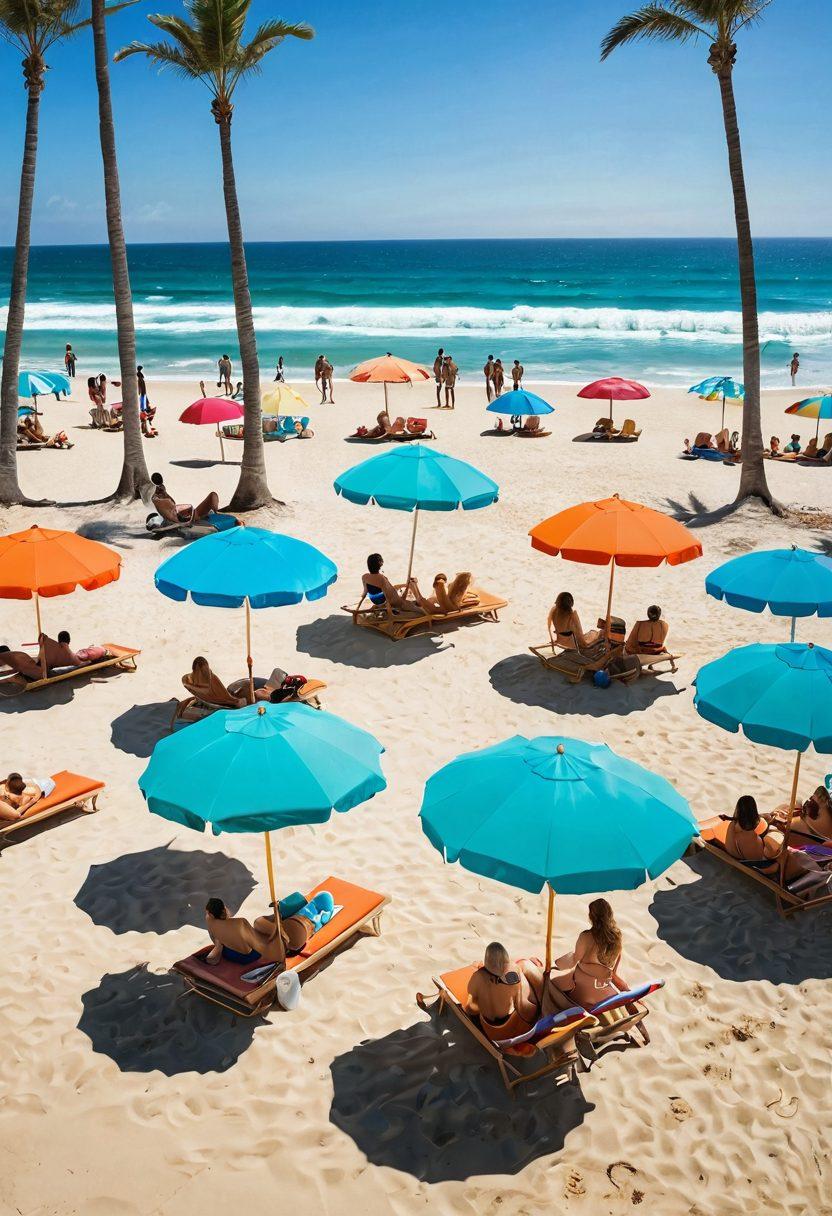 A vibrant beach scene showcasing a diverse group of stylish individuals in trendy, flirty swimwear, surrounded by colorful beach umbrellas and sun loungers. The sun is shining brightly, casting a warm glow over the happy atmosphere. Include playful elements like beach balls and surfboards to evoke a sense of fun and adventure. The backdrop features turquoise waves gently lapping at the shore. bright colors. summer vibes. super-realistic.